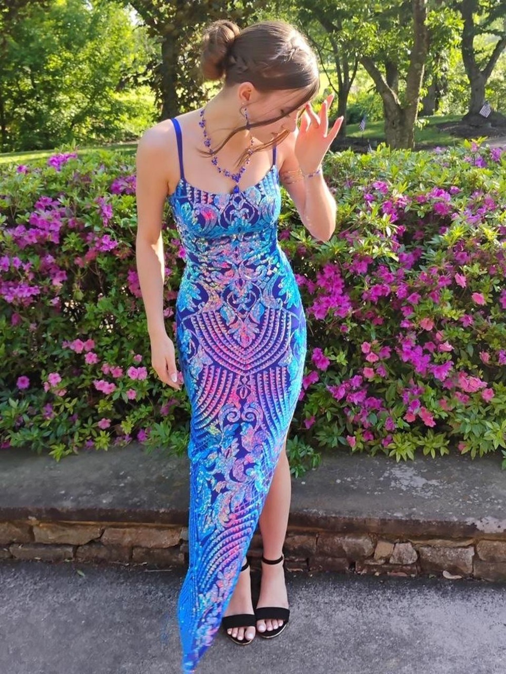 Emerald Sundae Blue Multi-Pattern High-Low Sequin Evening Dress